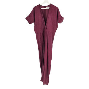 Love and Confuse Jumpsuit Maroon Linen Short Sleeve V-neck Lightweight Size S